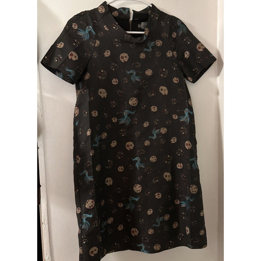 COTELAC Jacquard Faces Pattern Shift Dress Size 00 /Side Pockets. Artsy. Quirky.